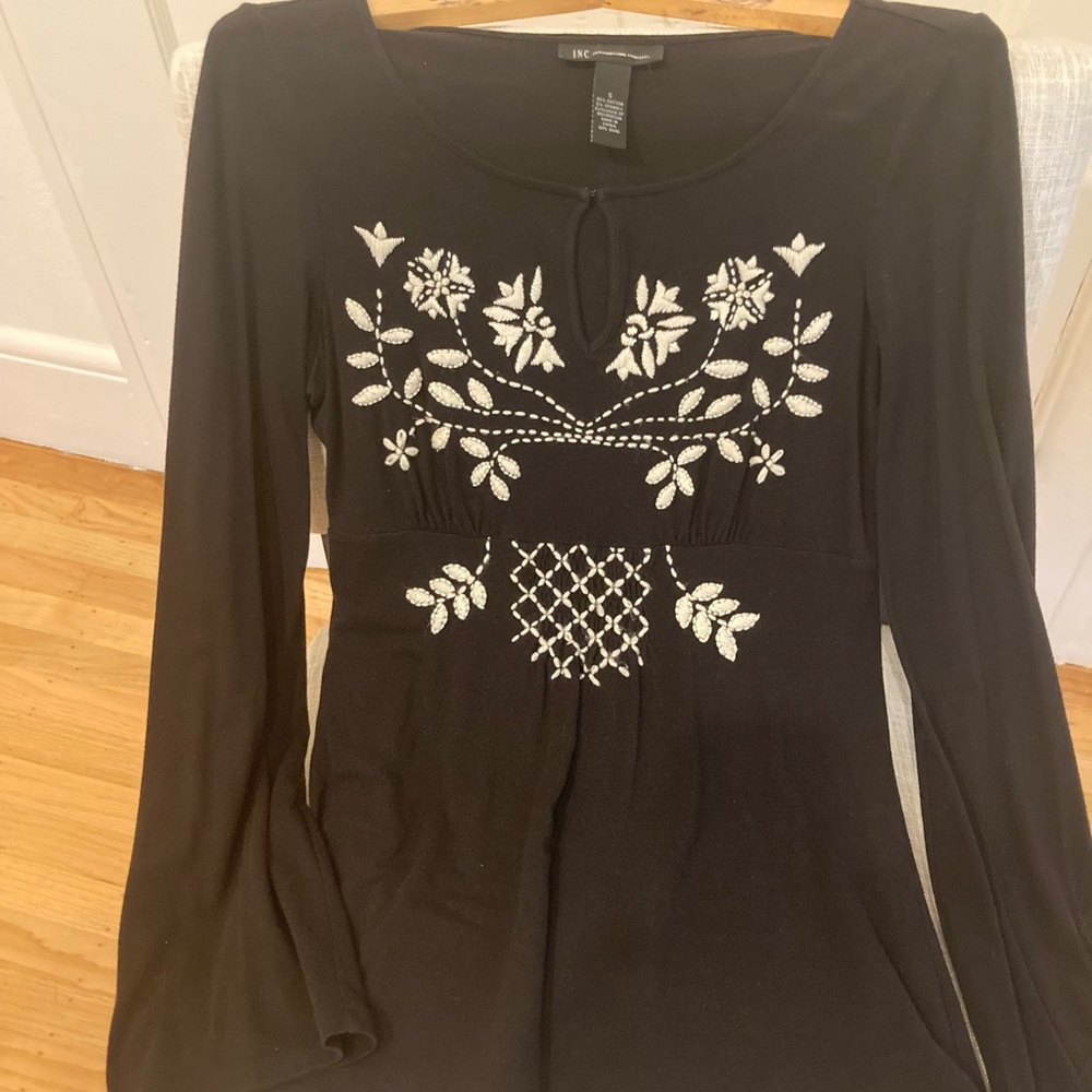 INC International Concepts Black Top with White Embroidery